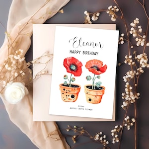 Editable Poppy August Birth Month Flower Birthday Greeting Card Reed Orange Potted Poppy Flowers, 0093