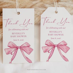 Editable Pink Bow Baby Shower Thank You Tags Template Cute Girl Bow Gift Tags INSTANT DOWNLOAD Pink Ribbon Party Favor Tags 0075