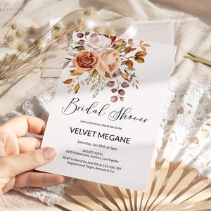 Editable Fall Autumn Bridal Shower Invite, Rustic Pumpkin Floral Template, Neutral Wedding Shower Card, Jettemplate Download, 0035