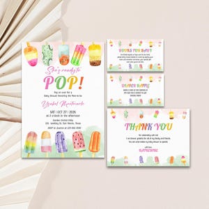 She&#39;s Ready to Pop Baby Shower Invitation Set – Colorful Popsicle Theme, Editable Summer Girl Invite with Diaper Raffle & Thank You, 0111