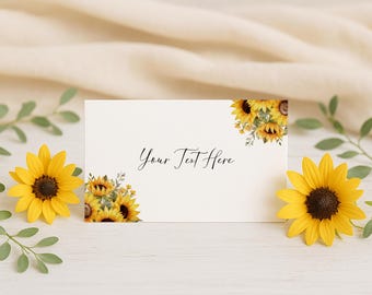 Plantilla de tarjeta de lugar con girasoles, tarjeta de nombre floral rústica, tema de girasoles amarillos, tarjeta de lugar para asientos de boda imprimible - 0061