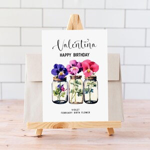 Cartão de felicitações de aniversário com floco de neve editável, mês de nascimento de fevereiro, flores brancas e folhagens, 0093