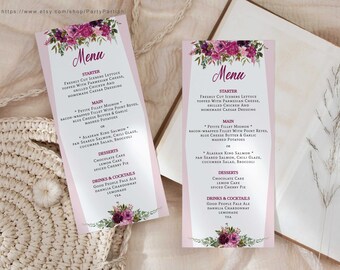 Editable Floral Menu Card Template (Wedding, Bridal Shower, Dinner, Brunch), INSTANT DOWNLOAD, Printable Template, Fuchsia Menu Card, 0124