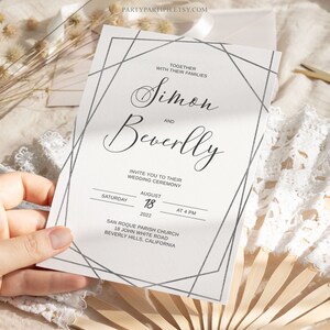 Editable Silver Frame Geometric Wedding Invitation Set Template Instant ...
