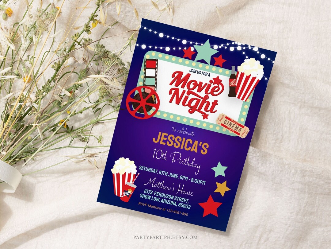 EDITABLE Movie Night Birthday Invitation Purple Movie Under the Stars ...
