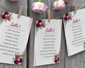 Fuchsia Floral Wedding Seating Table Cards, Floral Find Your Table , Floral Seat Order Board, Guest List Template, Printable Template, 0124
