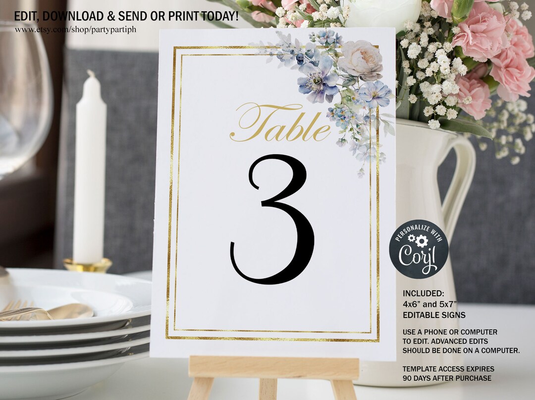 Editable Blue Flowers Wedding Table Number Card Printable Template Gold