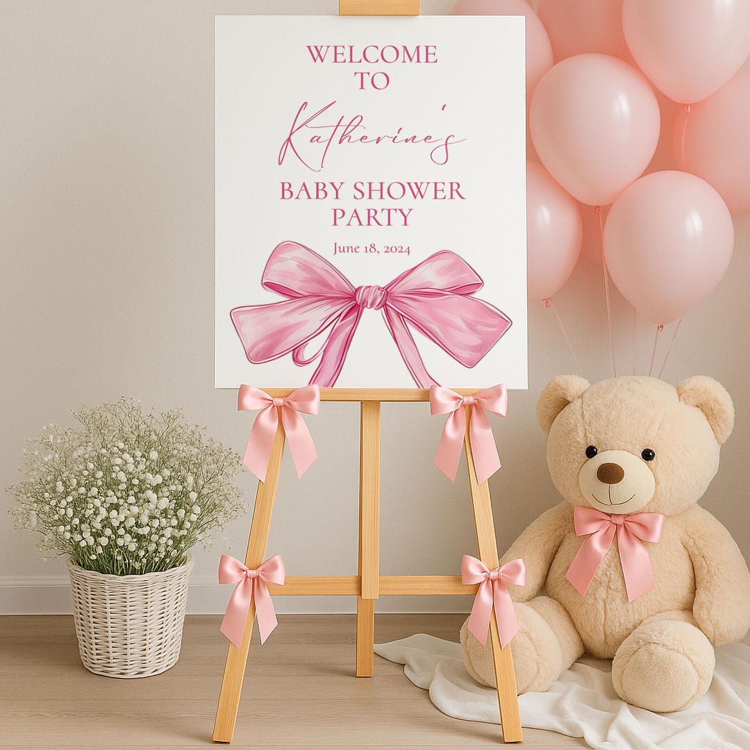 Pink Bow Baby Shower Welcome Sign Template Editable, Coquette Baby ...