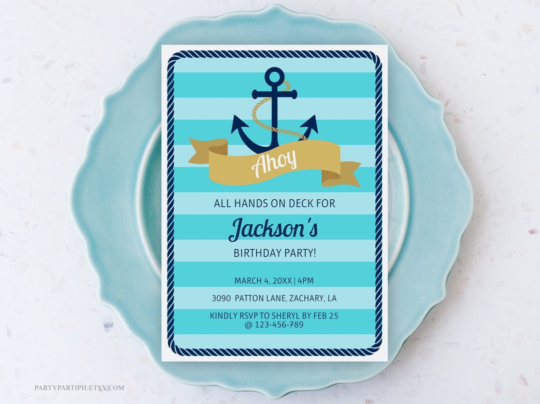 Nautical Birthday Invitation, Anchor Stripes Birthday Invitation Template, Nautical Theme ...