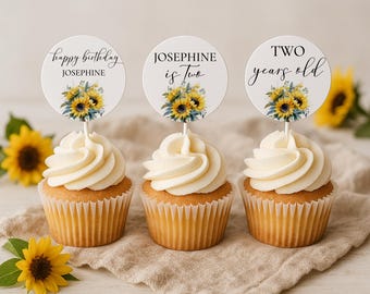 Sunflower Cupcake Toppers, Rustic Floral Party Picks, Yellow Sunflower Theme, Printable Cupcake Topper Template- 0061