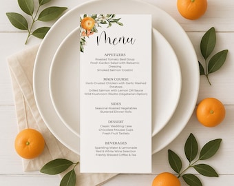 Plantilla moderna de tarjeta de menú de boda botánica, diseño floral cítrico naranja en la esquina, menú de boda minimalista y elegante con tipografía editable - 0031