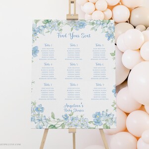 Blue Floral Seating Chart Sign: Editable Baby Shower Decor