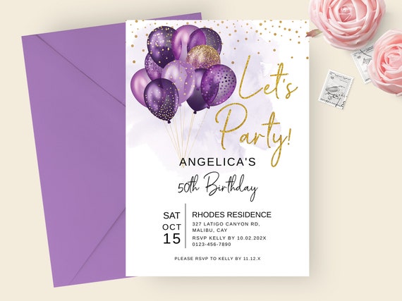 EDITABLE Adult Birthday Invitation Balloons Template, Purple Gold ...