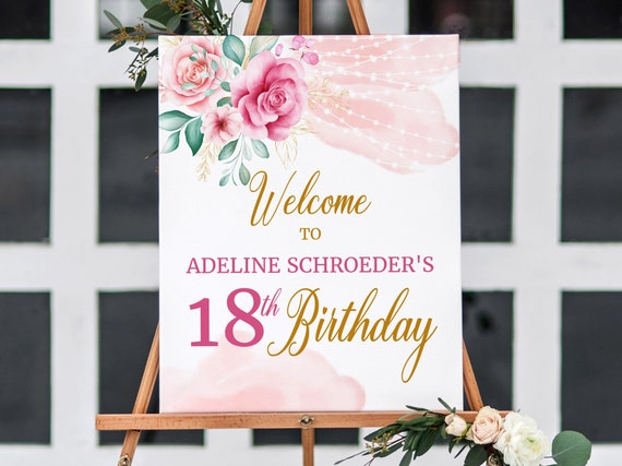 Editable Rustic Birthday Welcome Sign Poster, Pink Birthday Poster Sign, Rustic Floral, Gold, Instant Download Welcome Sign Template, 0079 Il_570xn