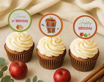 Apple Cupcake Toppers, Little Apple Theme Party Decor, Apple Birthday Cupcake Picks, Red Fruit Party, Editable Cupcake Topper Template, 0013