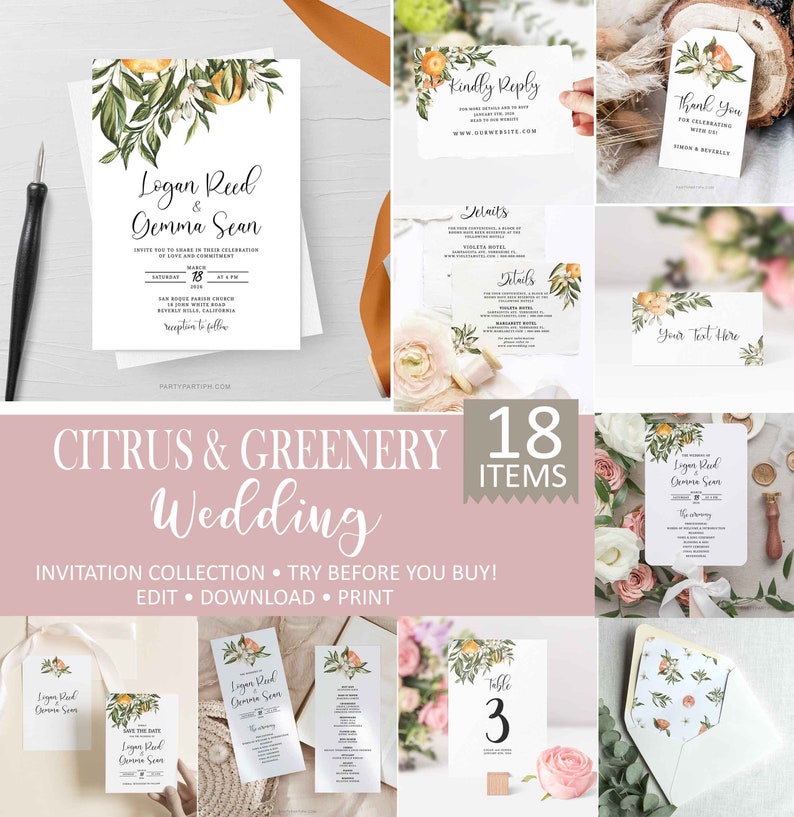 Orange Wedding Invitation Template 0031 Printable Marriage Invite Templett Citrus Editable Invitation INSTANT Download Citrus Wedding