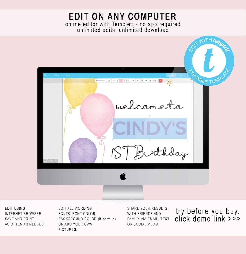 0043 Birthday Party Custom Sign Instant Download Balloon Birthday Table Sign Balloon Poster Sign Editable Balloon Custom Sign