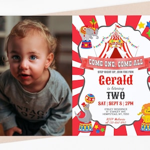 Editable Circus Birthday Invitation Red Carnival Invitations Circus Carnival Birthday Photo Invitation Red Circus Birthday Party 0085