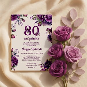 Lila Blumen-Einladung zum 80. Geburtstag: Lavendel (editierbar, druckbar, 5x7-Zoll-Vorlage), 0039