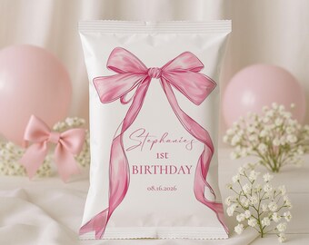 Pink Bow Chip Bag Template Editable, Coquette Party Favor Chip Bag, Feminine Elegant Snack Bag Wrapper, Printable Pink Bow - 0075