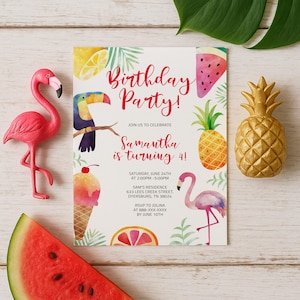 Editable Tropical Summer Birthday Invitation, Hawaiian Luau Invite, Jettemplate Template, Beach Pool Party, Palm Leaves Printable Card, 0017