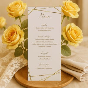 Tarjeta de menú de boda geométrica dorada - 9,5 x 23 cm, imprimible para cena de recepción (JetTemplate, descarga instantánea) - 0006