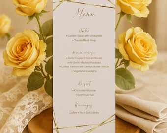 Gold Geometric Wedding Menu Template, Elegant Table Menu Card, Editable Download, Modern Minimal Wedding Decor, Jettemplate, 0006