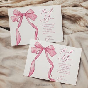 EDITABLE Pink Bow Baby Shower Thank You Card Template Cute Girl Bow Flat and Folded Thank You Card Enclosure Pink Ribbon Thank You Card 0075
