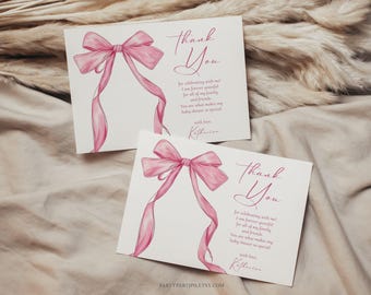 EDITABLE Pink Bow Baby Shower Thank You Card Template Cute Girl Bow Flat and Folded Thank You Card Enclosure Pink Ribbon Thank You Card 0075