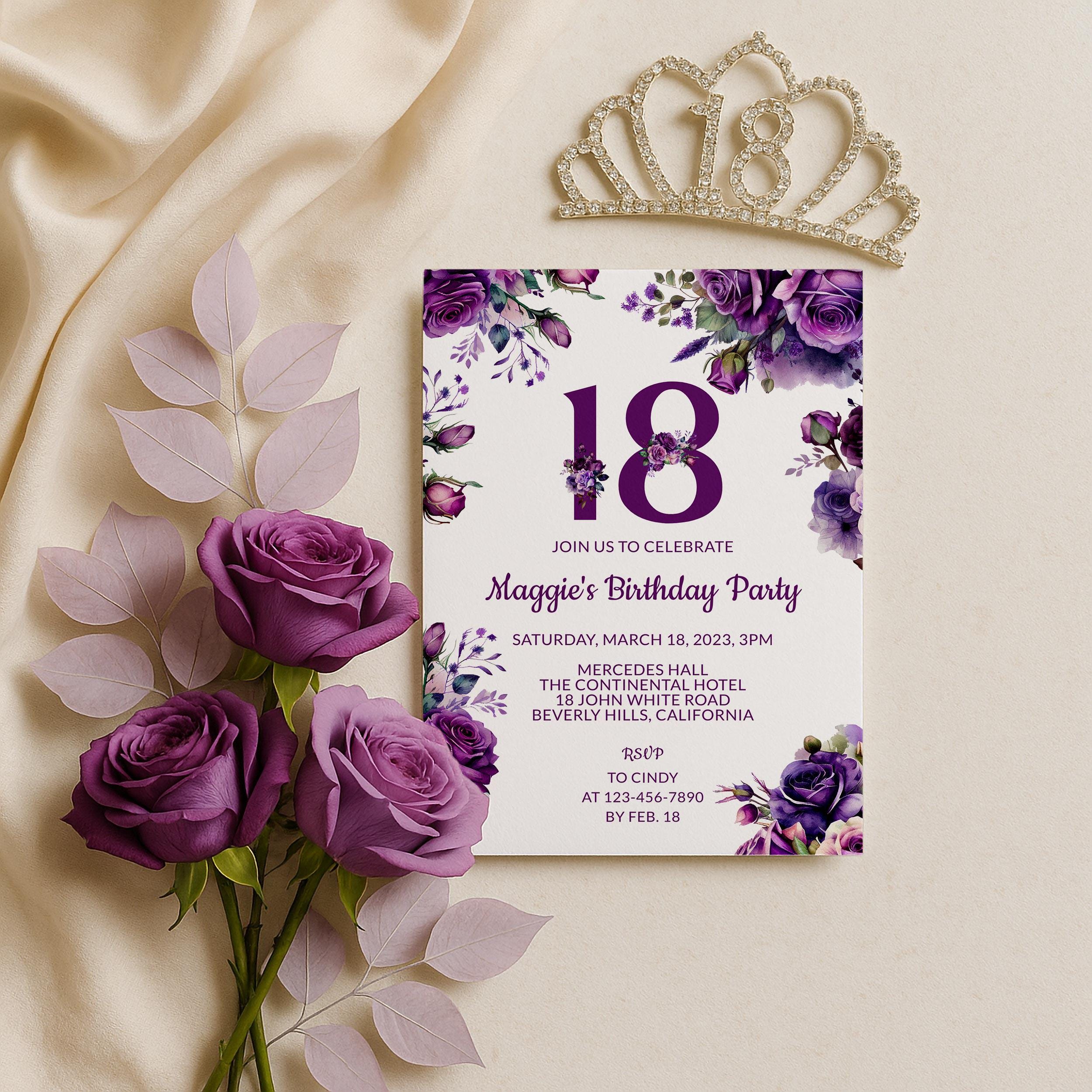 Purple Floral 18th Birthday Invitation, Elegant Lavender Rose