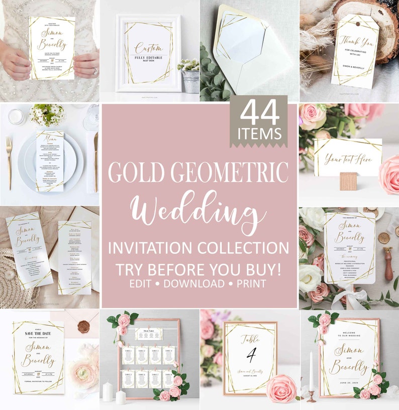 0006 Greeting Cards \u2022 INSTANT DOWNLOAD \u2022 Printable Template Gold Geometric Thank you Notes Editable Gold Wedding Thank You Card Template