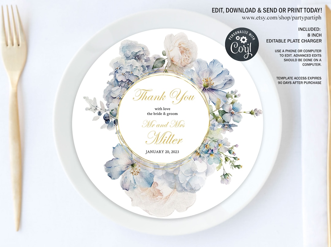 EDITABLE Blue Flowers Wedding Charger Plates Digital Download Wedding