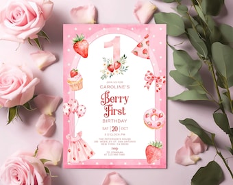 Könnte beinhalten: Eine rosa Geburtstagseinladung mit dem Text "Berry First Birthday" und dem Namen "Caroline's". Die Einladung zeigt Aquarellillustrationen von Erdbeeren, einem Cupcake, einem Donut und Luftballons. Rosa Rosen und Blütenblätter umgeben die Einladung.