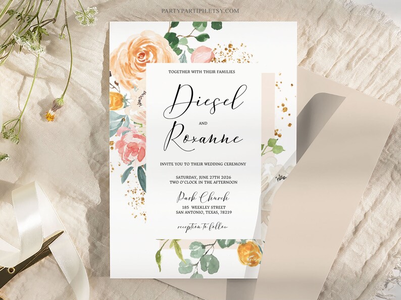 Editable Pink and Peach Wedding Invitation