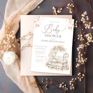 Boho baby shower uitnodiging sjabloon, bewerkbare boho baby wieg douche uitnodiging, moderne kinderkamer uitnodiging, bloemen genderneutraal, 0105