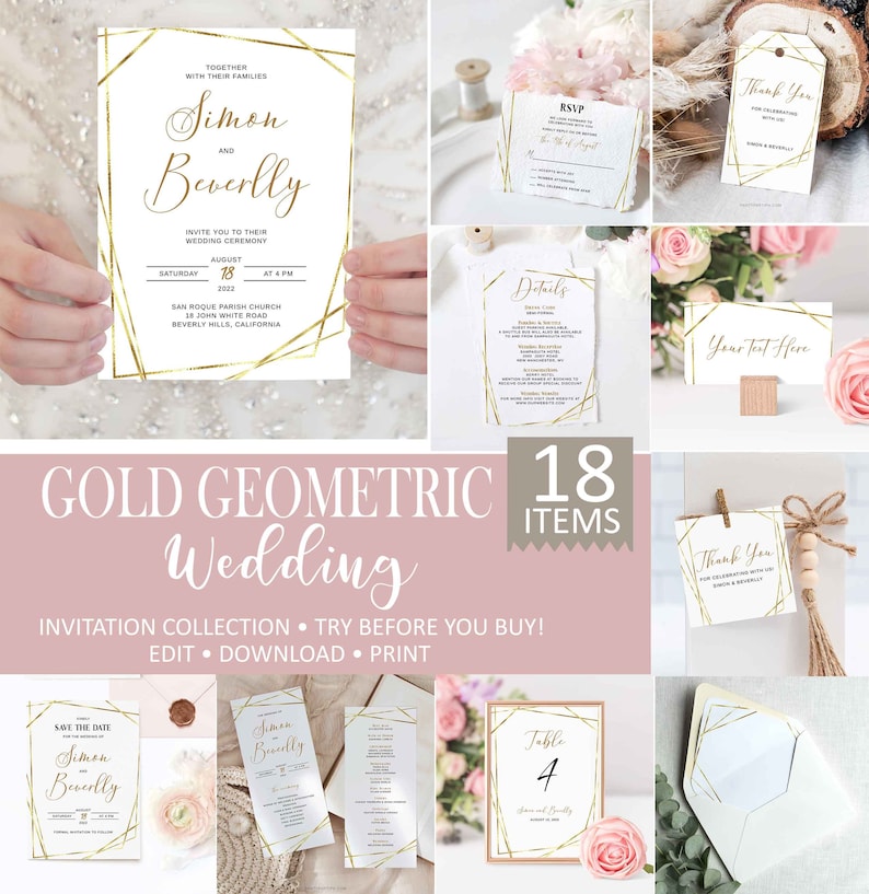 0006 Greeting Cards \u2022 INSTANT DOWNLOAD \u2022 Printable Template Gold Geometric Thank you Notes Editable Gold Wedding Thank You Card Template