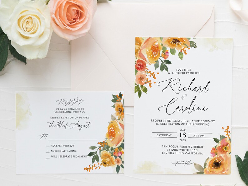 EDITABLE Orange Wedding Invitation Template Set Set Garden Wedding Invitation Theme Orange Flower Invitation RSVP Card Corjl