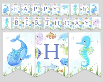 Under the Sea Happy Birthday Banner Template Editable, Ocean Kids Party Banner, Sea Animals Birthday Decor Printable, 0146
