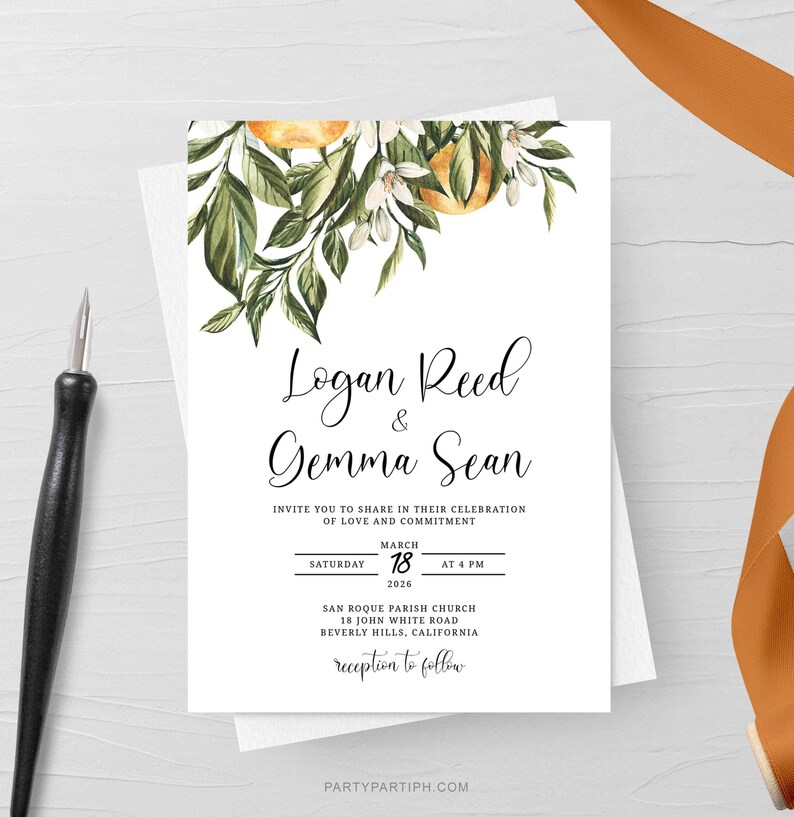 Orange Wedding Invitation Template 0031 Printable Marriage Invite Templett Citrus Editable Invitation INSTANT Download Citrus Wedding