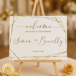 Plantilla de cartel de bienvenida para bodas con diseño geométrico dorado, póster en formato vertical y horizontal, cartel de recepción moderno y elegante, editable e imprimible - 0006