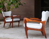 Pair of Adrian Pearsall for Craft Associates Walnut and Boucle Lounge Chairs