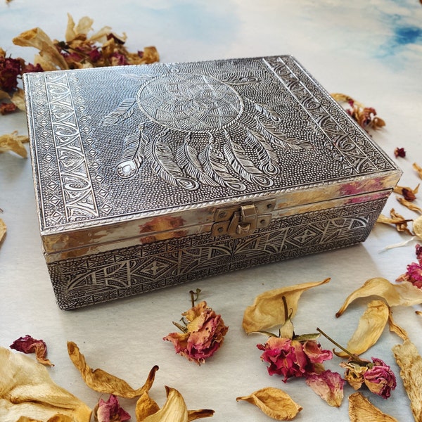 Dreamcatcher Silver Embossed Wooden Tarot / Crystal Storage Box