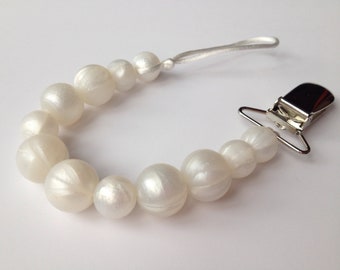 Ivory Pearl Special Occasion Crystal Bling Baby gift dummy clip holder strap