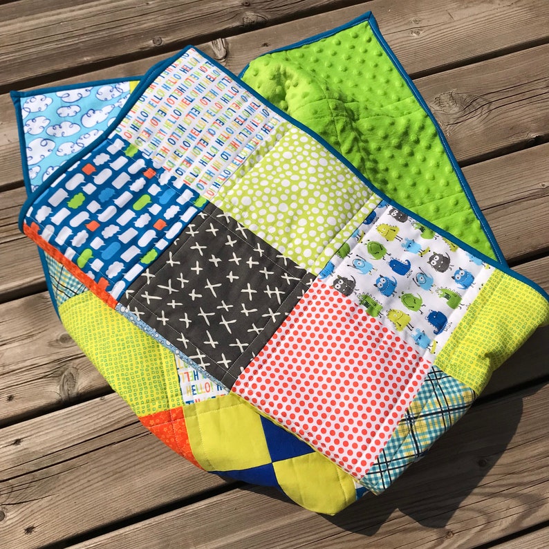 Patchwork cute monster quilt, baby toddler blanket, tummy time mat, throw lap blanket, minky, cuddle, cotton, baby gift, one of a kind quilt image 2