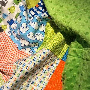 Patchwork cute monster quilt, baby toddler blanket, tummy time mat, throw lap blanket, minky, cuddle, cotton, baby gift, one of a kind quilt image 9