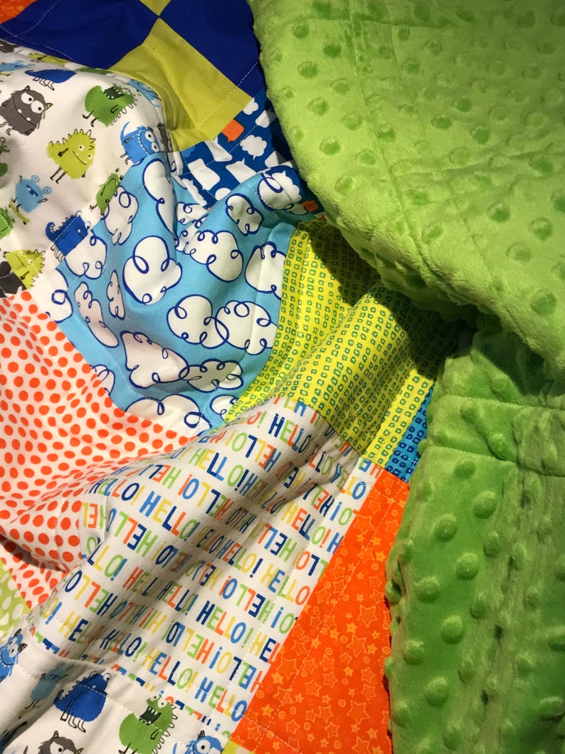 Patchwork cute monster quilt, baby toddler blanket, tummy time mat, throw lap blanket, minky, cuddle, cotton, baby gift, one of a kind quilt image 9