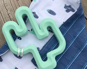 Cactus Mini Lovie, Baby Security Blanket, Mint Cactus Teether, Cotton, Fleece taggie, Ribbon blanket, Southwest nursery gift, Teething lovey