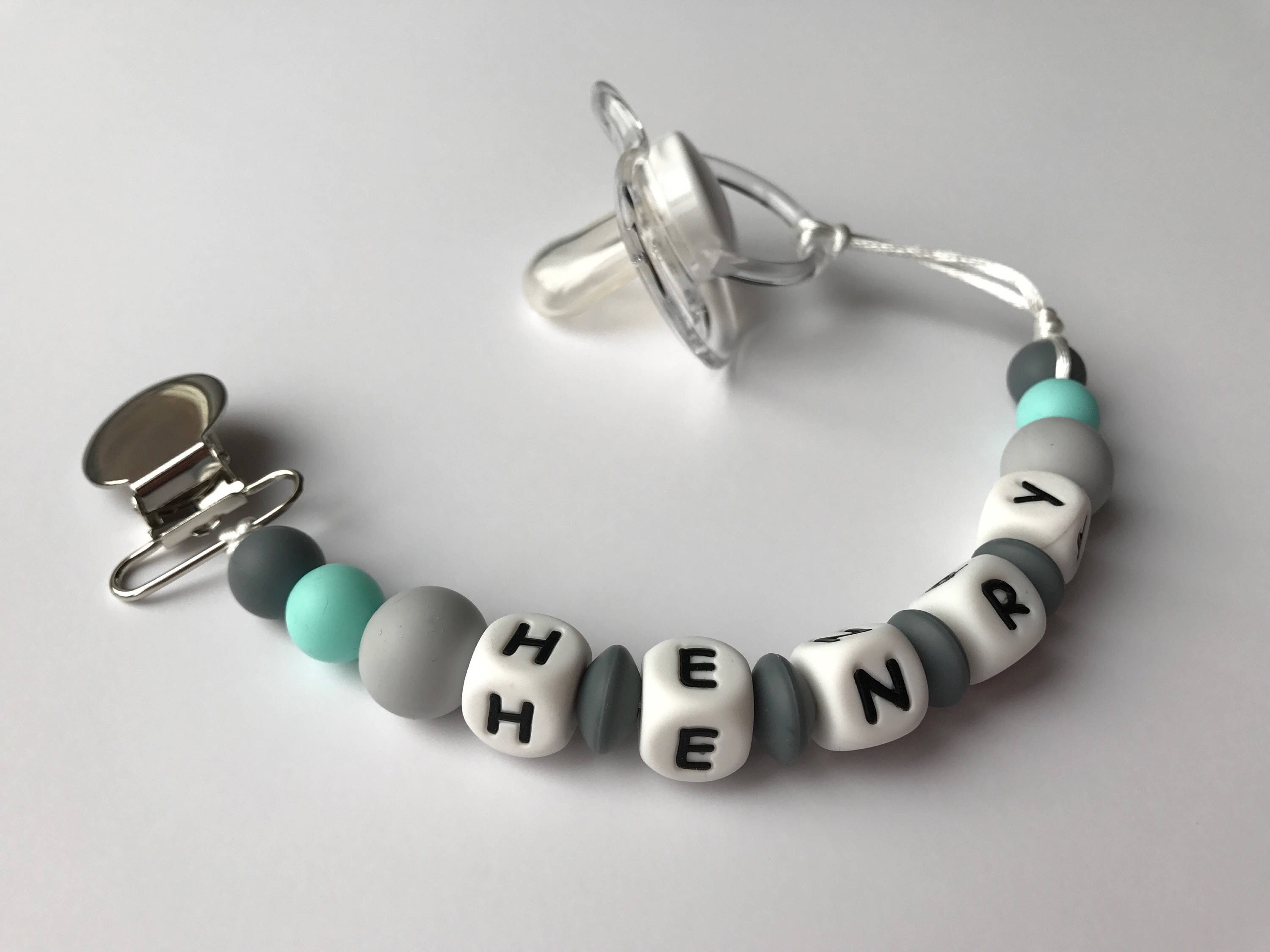 Personalized Silicone Pacifier Clip Baby Boy Aqua & Grey Etsy