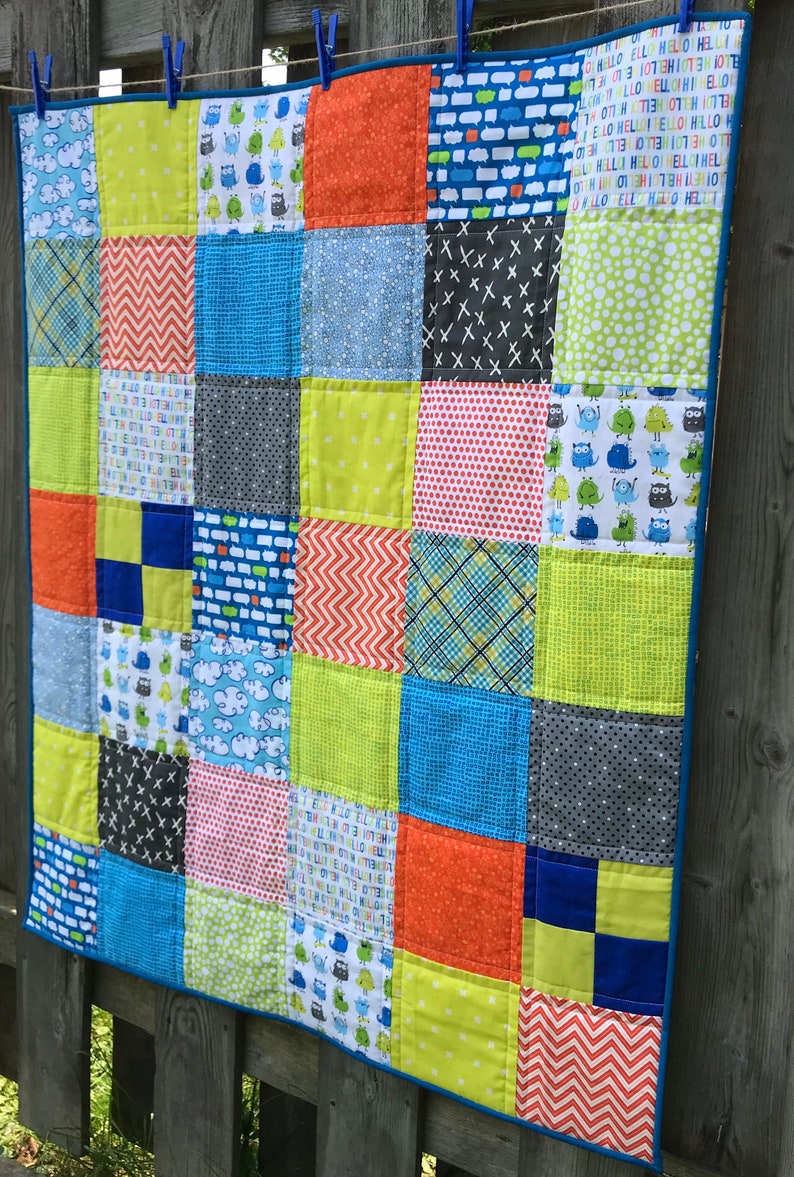 Patchwork cute monster quilt, baby toddler blanket, tummy time mat, throw lap blanket, minky, cuddle, cotton, baby gift, one of a kind quilt image 3