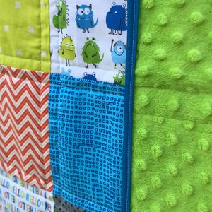 Patchwork cute monster quilt, baby toddler blanket, tummy time mat, throw lap blanket, minky, cuddle, cotton, baby gift, one of a kind quilt image 4